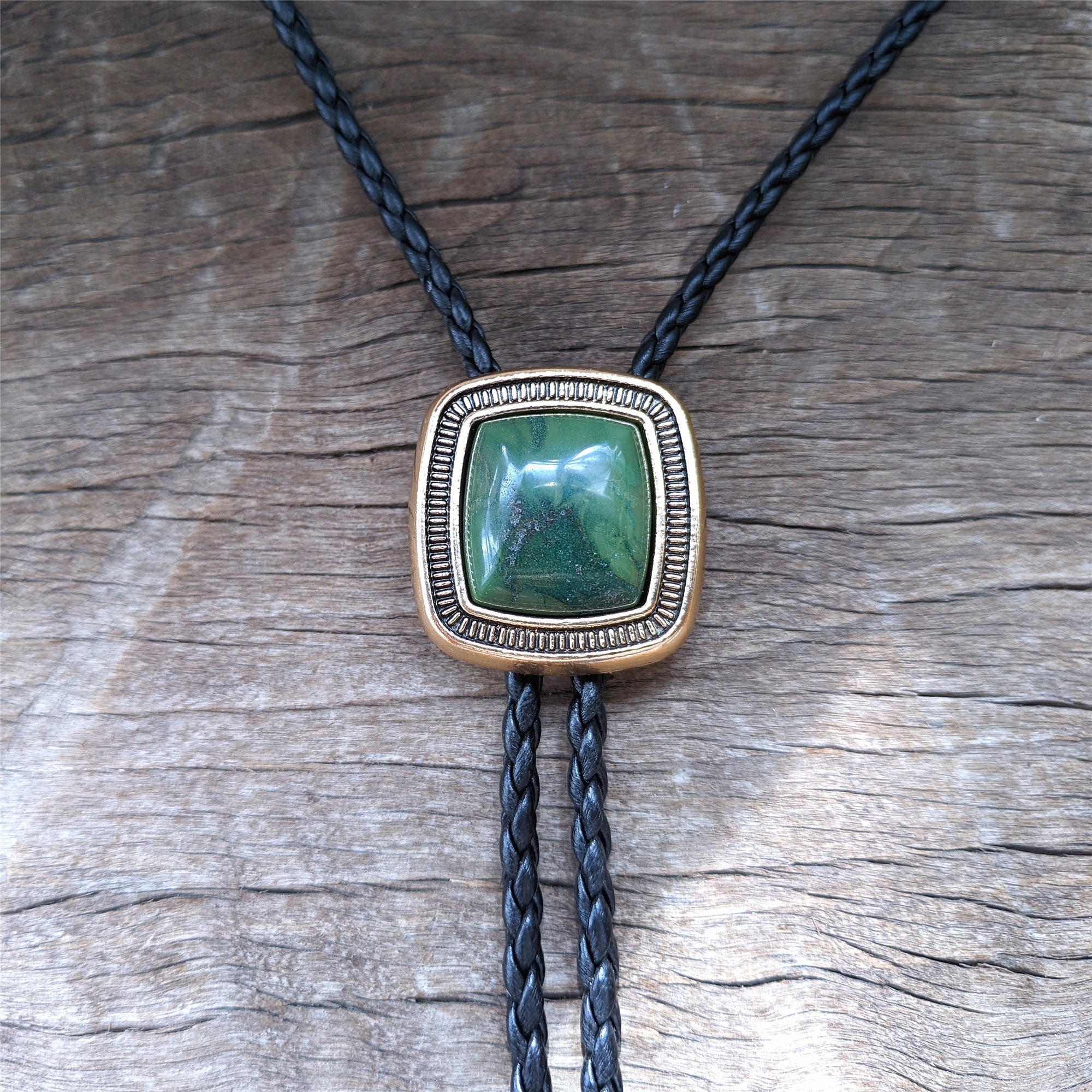 Square Natural Jade Bola Bolo Tie - Leather Rope Wedding Necklace - Golden Western Cowboy Bolos - Native American Style Necktie