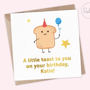 Gepersonaliseerde Toast Pun-verjaardagskaart - "Een beetje toast op je verjaardag!" – Verjaardagswenskaart, folieafwerking, Punny-verjaardagskaart.