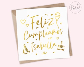 Feliz Cumpleaños, Tarjeta de Feliz Cumpleaños Español, Tarjeta de Feliz Cumpleaños Personalizada, Tarjeta de Mejor Amigo, Papel Real, Oro, Plata y Oro Rosa