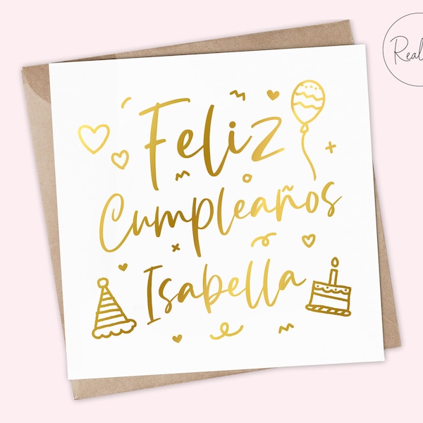 Feliz Cumpleaños, Tarjeta de Feliz Cumpleaños Español, Tarjeta de Feliz Cumpleaños Personalizada, Tarjeta de Mejor Amigo, Papel Real, Oro, Plata y Oro Rosa