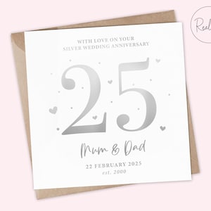 Biglietto di auguri personalizzato per anniversario di nozze d'argento, 25° anniversario di matrimonio, biglietto di congratulazioni per anniversario, lamina d'argento, lusso