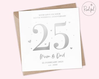Carte d'anniversaire de mariage personnalisée en argent, 25e anniversaire de mariage, carte de félicitations d'anniversaire, feuille d'argent, luxe