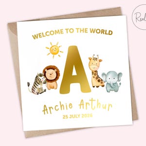Gepersonaliseerde jungle nieuwe babykaart, safari dieren baby, pasgeboren babykaart met initiaal, babyjongen kaart Jungle themakaart, pasgeboren junglekaart