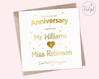 Carte Notre dernier anniversaire, dernier anniversaire avant de nous marier, prochain anniversaire de mariage, joli souvenir, carte de fiancé, déjoué