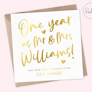 Tarjeta de aniversario, 365 días como Mr & Mrs, Un año de aniversario de boda, Primer aniversario, Un año de aniversario, 1er aniversario, Real foil