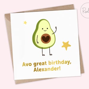 Personalisierte lustige Avocado-Wortspiel-Geburtstagskarte - ""Avo tolles Geburtstagsgeschenk!"" - Guacamole, Vegan Grußkarte, Folienabschluss, Punny Geburtstagskarte.