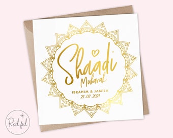 Personalised Indian Wedding Congratulations Card - Shaadi Mubarak, Muslim, Islamic, Sikh, Hindu, Wedding, Urdu, Desi, Ethnic, Real Foil