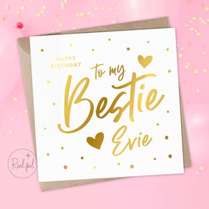 Carte de joyeux anniversaire personnalisée, carte de meilleur ami joyeux anniversaire, carte d’anniversaire Bestie, vraie feuille métallique, or, argent et or rose