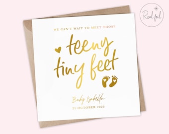 ¡No puedo esperar a conocer esos pies diminutos! - Nueva tarjeta para futuros padres de bebé - Tarjeta de baby shower, niña, niño, recuerdo, lámina metálica real