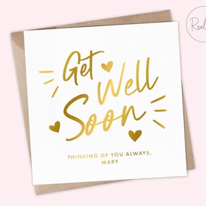 Tarjeta personalizada Get Well Soon, tarjeta pensando en usted, envío de abrazos, tarjeta de abrazos virtuales, recuerdo, lámina real, oro, oro rosa, plata