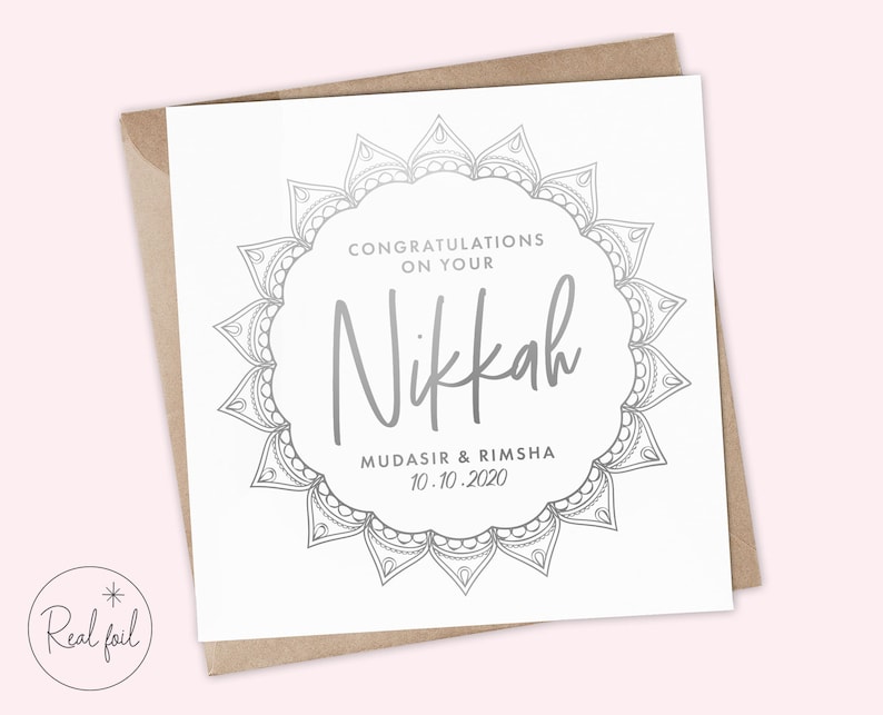 May include: A white card with a silver mandala design and the text "Congratulations on your Nikkah Mudasir & Rimsha 10.10.2020".