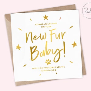 Tarjeta de bebé de piel nueva personalizada, perro nuevo, gato nuevo, mascota nueva, cachorro nuevo, gatito nuevo, día de Gotcha, oro, oro rosa, arco iris, lámina de plata