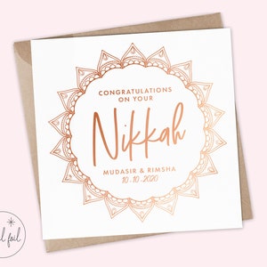 May include: A white card with a rose gold mandala design and the text "Congratulations on your Nikkah Mudasir & Rimsha 10.10.2020".
