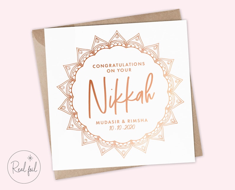 May include: A white card with a rose gold mandala design and the text "Congratulations on your Nikkah Mudasir & Rimsha 10.10.2020".