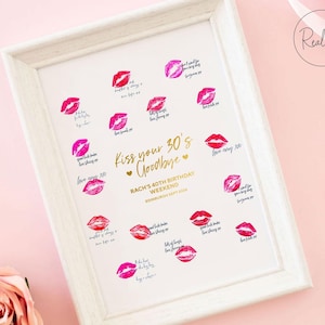 Besa tus 30s Despedida Impresión, Impresión de lápiz labial, Impresión de cumpleaños, Recuerdo, Lámina metálica, Personalizada, Besos, Adiós 30s ¡Hola 40s, Cualquier edad!