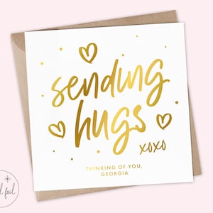 Tarjeta personalizada de pensamiento en usted, envío de abrazos, tarjeta de abrazos virtuales, tarjeta de condolencia, recuerdo, lámina metálica real, oro, oro rosa, plata