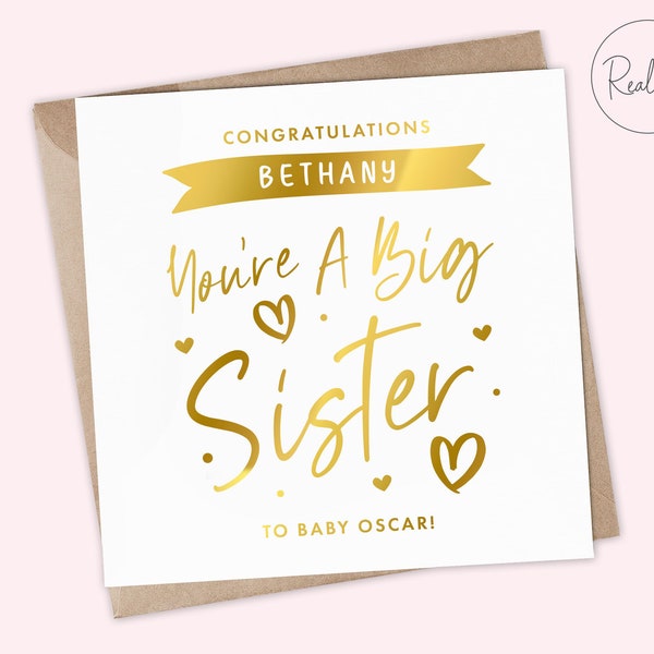 Personalised New Big Brother or Sister Card, Personalised Big Sister Card Greeting Card, Cute Card New Big Sister Keepsake, Real Foil