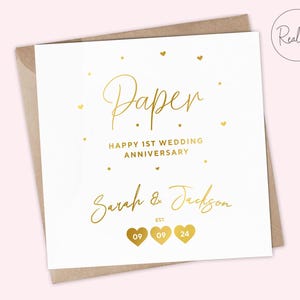 Tarjeta de primer aniversario de bodas personalizada en papel - Tarjeta de primer aniversario de bodas personalizada - Tarjeta para parejas - Recuerdo elegante, con papel metalizado