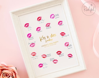 Kiss the Miss Goodbye Print, Lipstick Print, Hen Party Print, Bachelorette, Bride Tribe, Keepsake, Metallic Foil, Personalised Print, Kisses