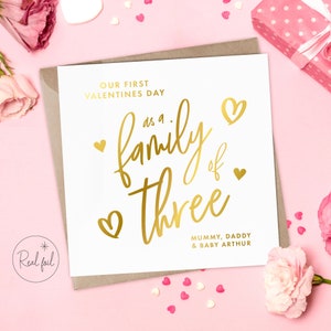 Valentinstagskarte, Personalisierte Valentinskarte, Familie mit drei Valentinsgrüßen, Erster Valentinsgruß, Andenken, Gold, Silber, Rosegoldfolie