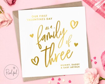 Valentines Day Card, Personalised Valentines Card, Family of Three Valentines Card, First Valentines, Keepsake, Gold, Silver, Rose Gold Foil