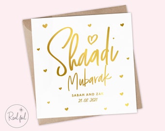 Personalised Indian Wedding Congratulations Card - Shaadi Mubarak, Muslim, Islamic, Sikh, Hindu, Wedding, Urdu, Desi, Ethnic, Real Foil