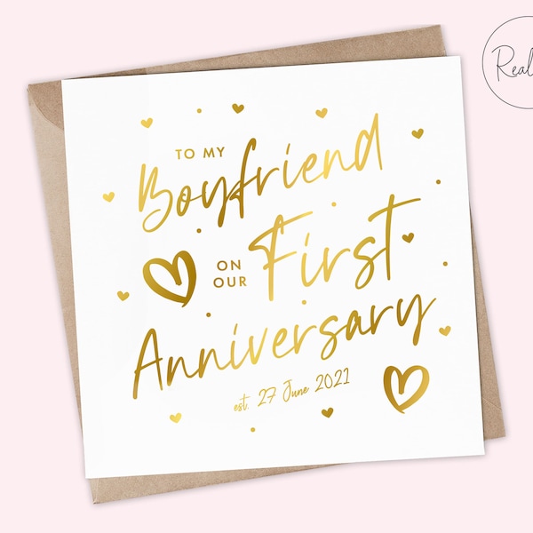 Personalised First Anniversary Card, Happy First Anniversary Boyfriend, First Anniversary Girlfriend, Gold, Rose Gold, Silver, Cute Keepsake