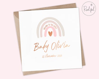 パーソナライズされた新生児カード、出産予定カード、世界へようこそカード、新生児、女の子の赤ちゃんカード、男の子の赤ちゃんカード、記念品、本物のメタリックホイル
