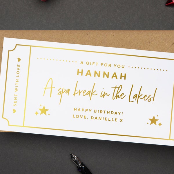 Gouden cadeaukaart, verijdelde voucher, gepersonaliseerd ticket, kerstvoucher, verrassingsvakantie, gepersonaliseerd cadeau, verjaardagsevenement, echte folie