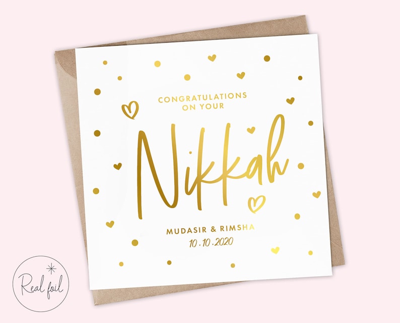 May include: Gold foil card with the text "Congratulations on your Nikkah" and the names "Mudasir & Rimsha" and the date "10.10.2020".