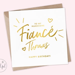 Gepersonaliseerde Happy Birthday verloofde kaart, gepersonaliseerde Happy Birthday verloofde kaart, echte metallic folie, goud, zilver en Rose Gold Card, schattig
