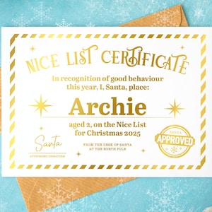Personalised Nice List Certificate from Santa | Christmas Keepsake for Kids | Father Christmas Postcard | Child&#39;s Name & Age Included