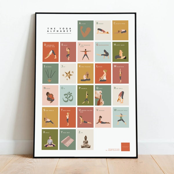 The Yoga Alphabet A-Z print. Unframed digital art A to Z print. Great gift for yoga, pilates, mindfulness, meditation & fitness enthusiasts!