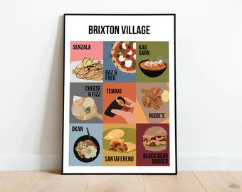 Food of Brixton Village - Restaurants Bars Cafes - Illustration for South London food lovers - Lambeth SW2 SW9