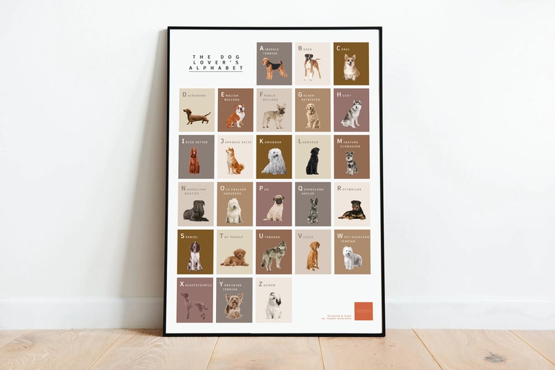 The Dog Lover's Alphabet Print. Personalised pet name, custom made, unframed digital art illustration for home, great gift Dog breed A-Z image 1