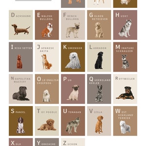 The Dog Lover's Alphabet Print. Personalised pet name, custom made, unframed digital art illustration for home, great gift Dog breed A-Z A4