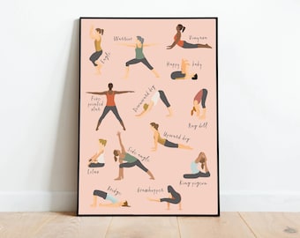 Yoga poses A5 A4 A3 digital illustration, art print. Great gift & home decor for yoga, pilates, mindfulness, meditation, fitness lovers