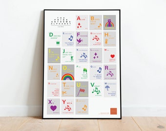 The Pride Anthems Alphabet, A-Z digital art print. Unframed artwork, great gift