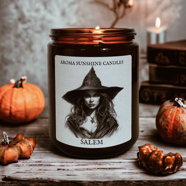 Pumpkin Spice & Cinnamon scented candle, SALEM WITCHES inspired candle, coconut wax, wood wick, witchcraft, witch candle, dark decor
