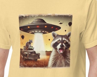 Raccoon and Aliens Comfort Colors Tee Shirt, Cute Raccoon TShirt, UFO Tee