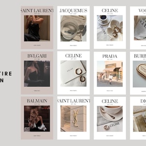 May include: A collage of 15 images featuring various luxury fashion brands, including Saint Laurent, Jacquemus, Celine, Vogue, Dior, Balmain, Bvlgari, Prada, and Burberry. Each image showcases a different product or brand element, such as clothing, accessories, and store fronts. The text "SHOP THE ENTIRE COLLECTION" and "rosemilksketches" are displayed at the bottom of the collage.