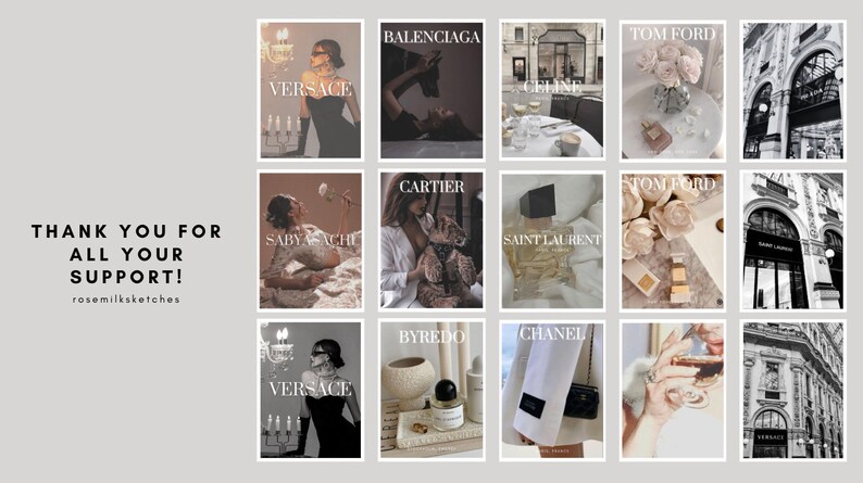 May include: A collage of images featuring luxury brands such as Balenciaga, Cartier, Chanel, Celine, Tom Ford, Versace, and Saint Laurent. The images include fashion, perfume, and store fronts.