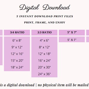 May include: A pink and white chart with the text "Digital Download" and "5 Instant Download Print Files". The chart lists different print sizes for various aspect ratios, including 4:5, 3:4, and 2:3. The text "this is a digital download | no physical item will be mailed to you" is at the bottom of the chart.