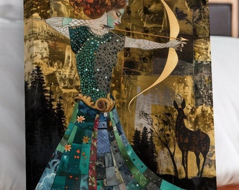 Diana's Moonlit Hunt - Mystical Goddess of the Wild Art Print - Nature Goddess Print - Mythological Huntress Wall Art - Wild Woman Portrait
