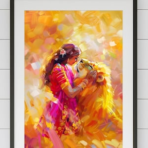 May include: A framed painting of a woman in a pink and orange sari embracing a lion. The background is a vibrant yellow and orange.
