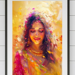 May include: A painting of a woman with long dark hair wearing a colorful sari. She has her eyes closed and a serene expression on her face. The background is a soft yellow with splashes of pink and orange.