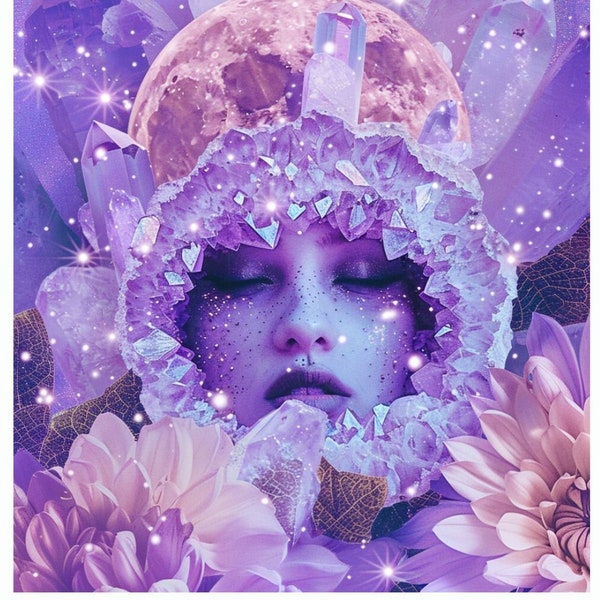 Ethereal Purple Crystal Dreamlike Woman Art Print - Surreal Mystical Woman Aesthetic Wall Art - Feminine Purple Gemstone Collage Artwork