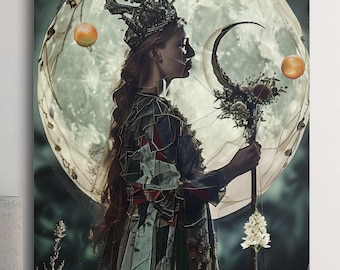 Moonlit Hecate Goddess of Magic and Crossroads Art Print, Fantasy Wall Art, Mystical Moon Woman Art, Bohemian Witch Decor, Pagan Artwork