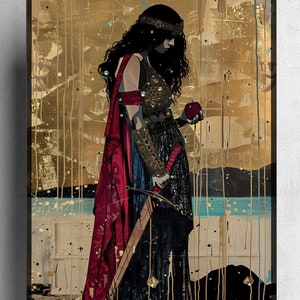 May include: A digital painting of a woman in a red and black dress holding a sword. The background is a gold and brown abstract design.