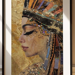 Egyptian Goddess Hathor Wall Art Print, Gold Leaf Mixed Media Style Canvas Print, Spiritual Ancient Egypt Decor, Divine Feminine Sacred Art